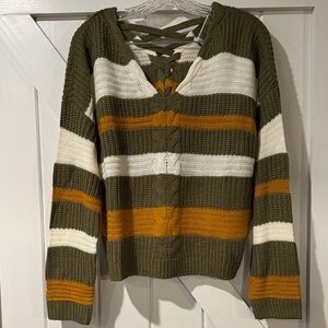 Striped V-Neck Sweater in Olive, White, and Mustard